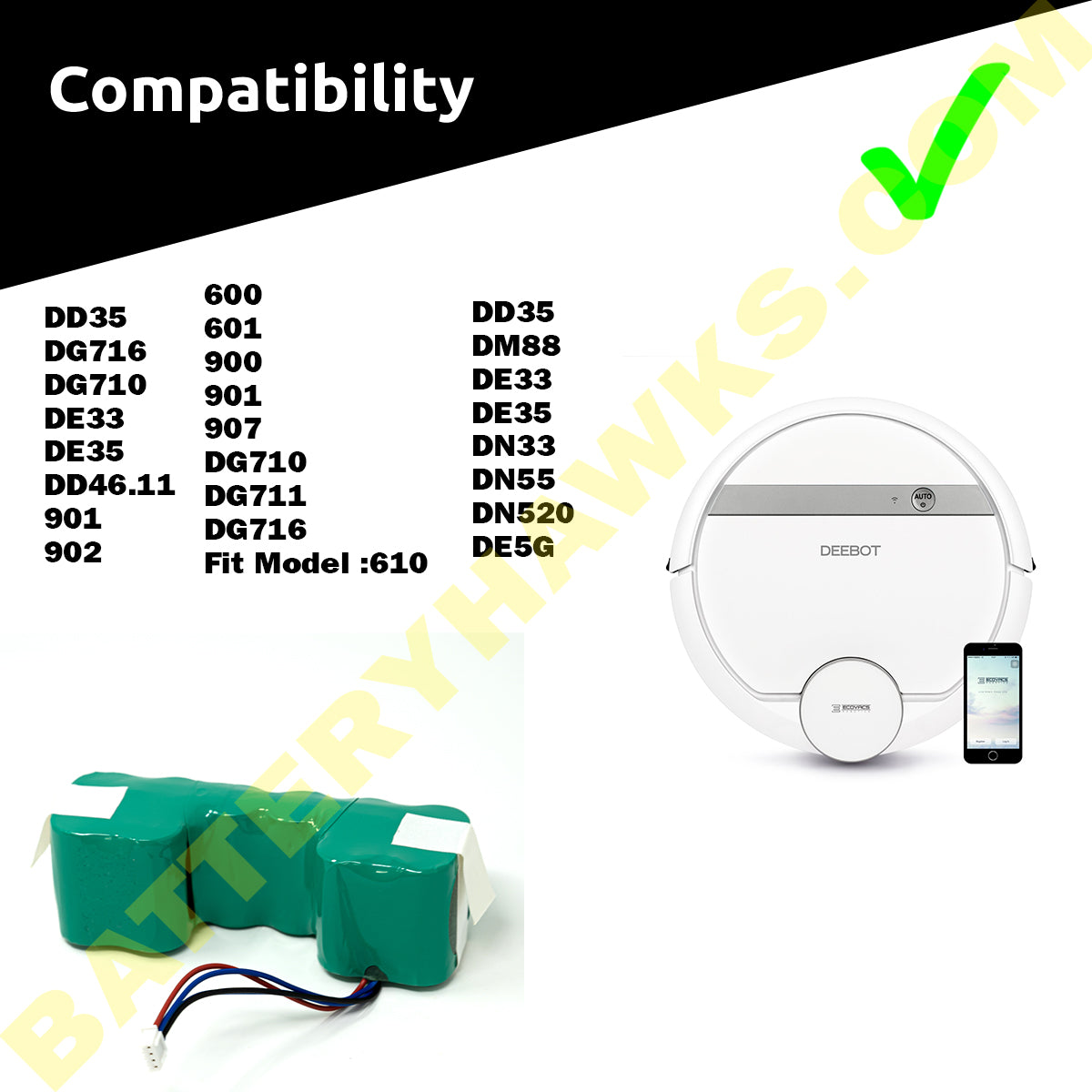 vhbw Batterie Compatible avec Ecovacs D36E, DA60, DA611, DB35, D36A, D36B, D36C aspirateur (2600mAh, 10,8V, Li-ION vhbw Batterie Compatible avec Ecovacs D36E, DA60, DA611, DB35, D36A, D36B, D36C aspirateur (2600mAh, 10,8V, Li-ION