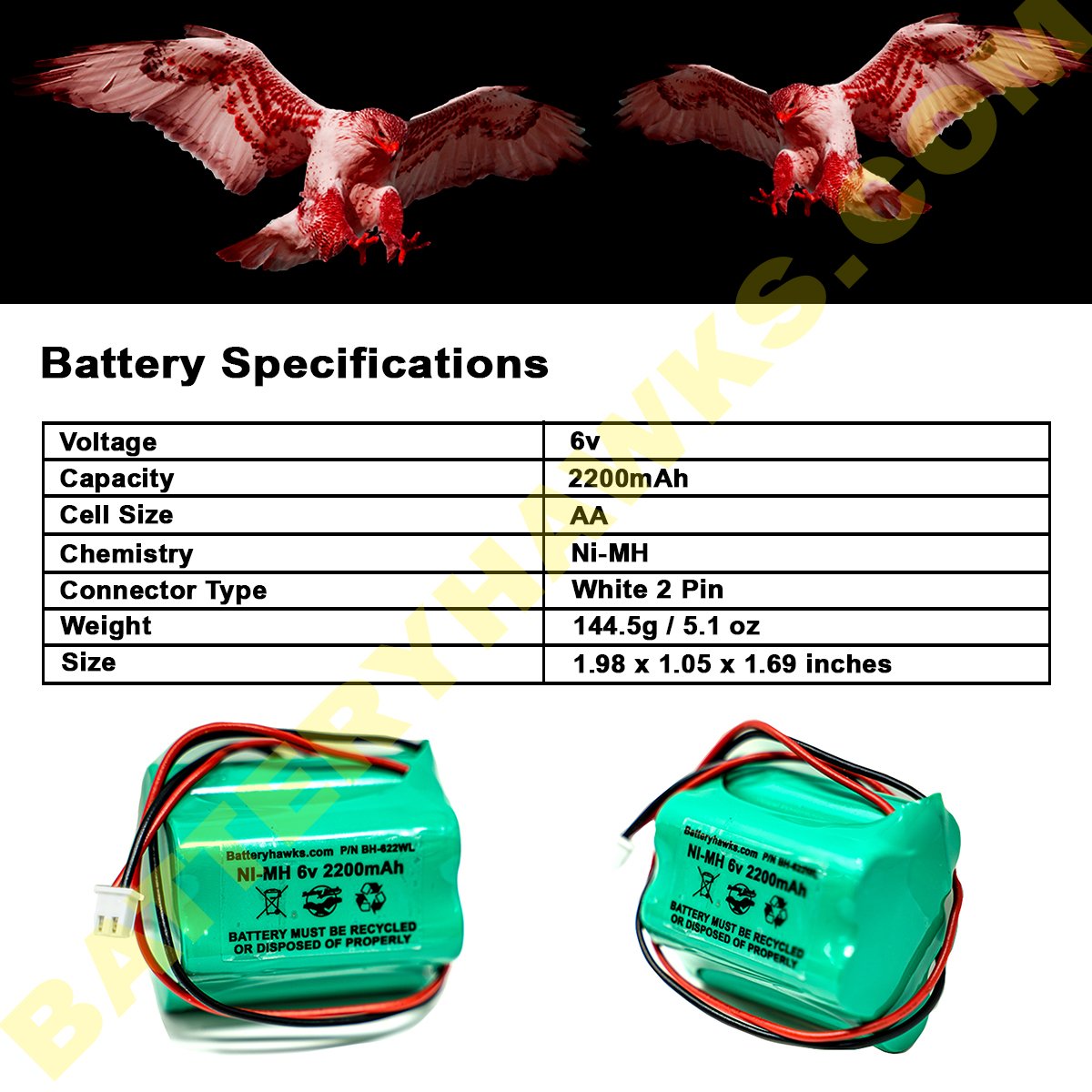AA1800mAh 6V 1.8Ah Battery Rechargeable Ni-MH Pack for Solar Light / Exit Sign